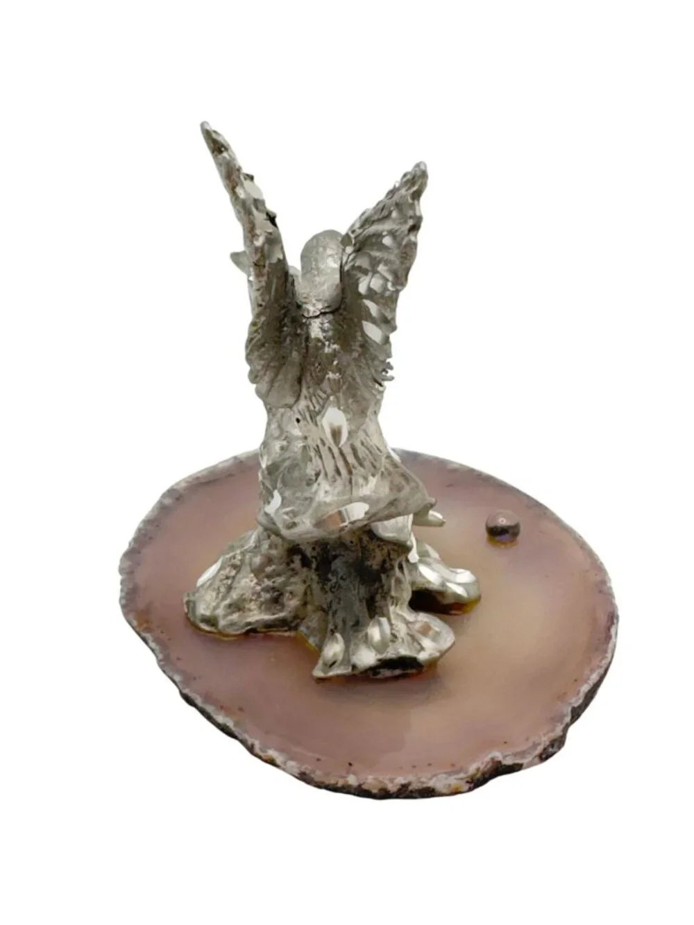 Pewter Hummingbird & Hibiscus Vtg Figurine Separate Agate Base 3.5